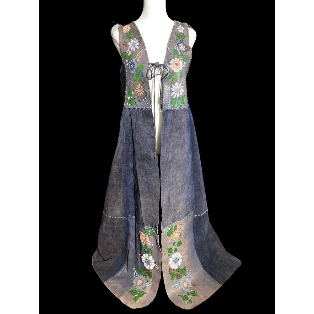 Vtg 70s Char Vest Duster Jacket Hand painted Floral Flower Boho Hippie Hippy